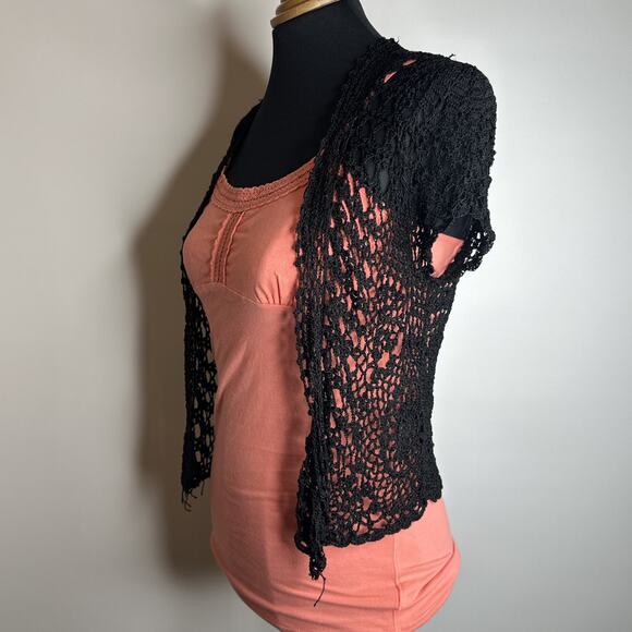 VTG Y2k BCBG Maxazria Loose Knit Crochet Short Cardigan Size L Black Whimsigoth - Picture 4 of 9